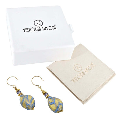 Blue and Gold Wavy Murano Glass Earrings with Austrian Crystals on Gold Filled Earring Wires  