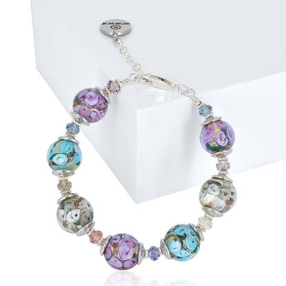 Multi-Color Floral Italian Bead Bracelet with Austrian Crystals and Sterling Silver Clasp  