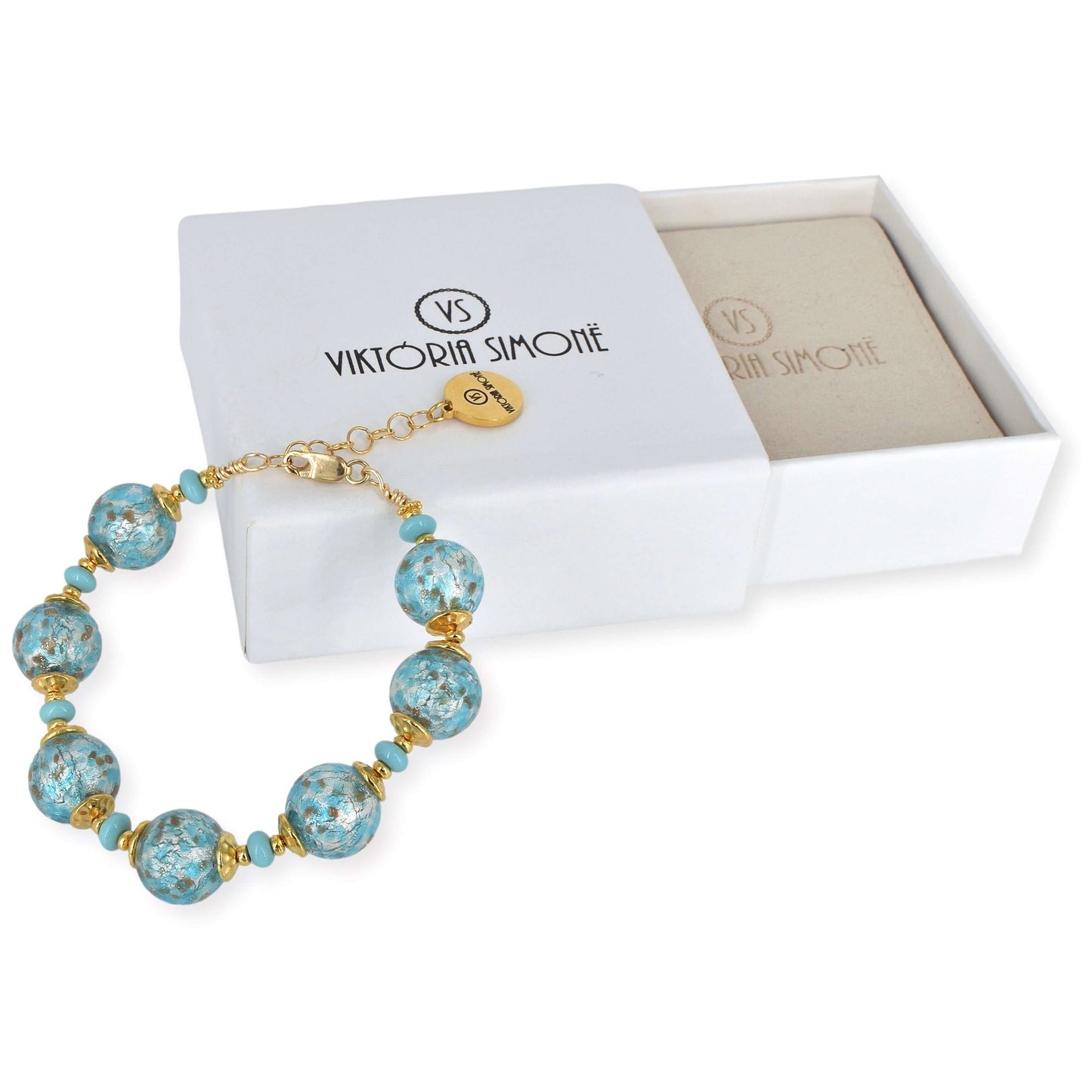 Turqouise Blue Spotty Murano Glass Bead Bracelet with Gold Filled Clasp  