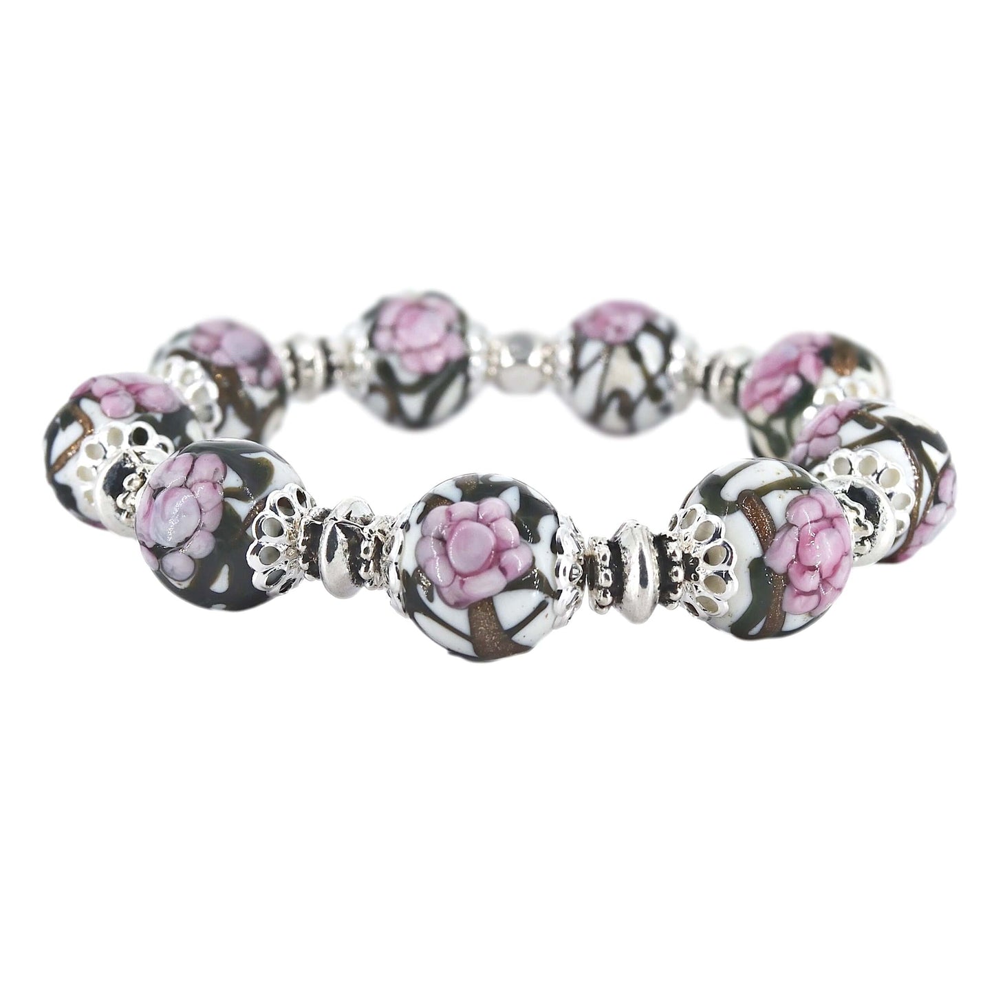 Stretchy Pink Floral Murano Glass Italian Bead Bracelet  