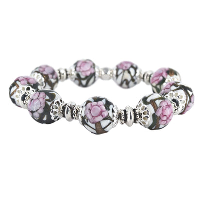 Stretchy Pink Floral Murano Glass Italian Bead Bracelet  