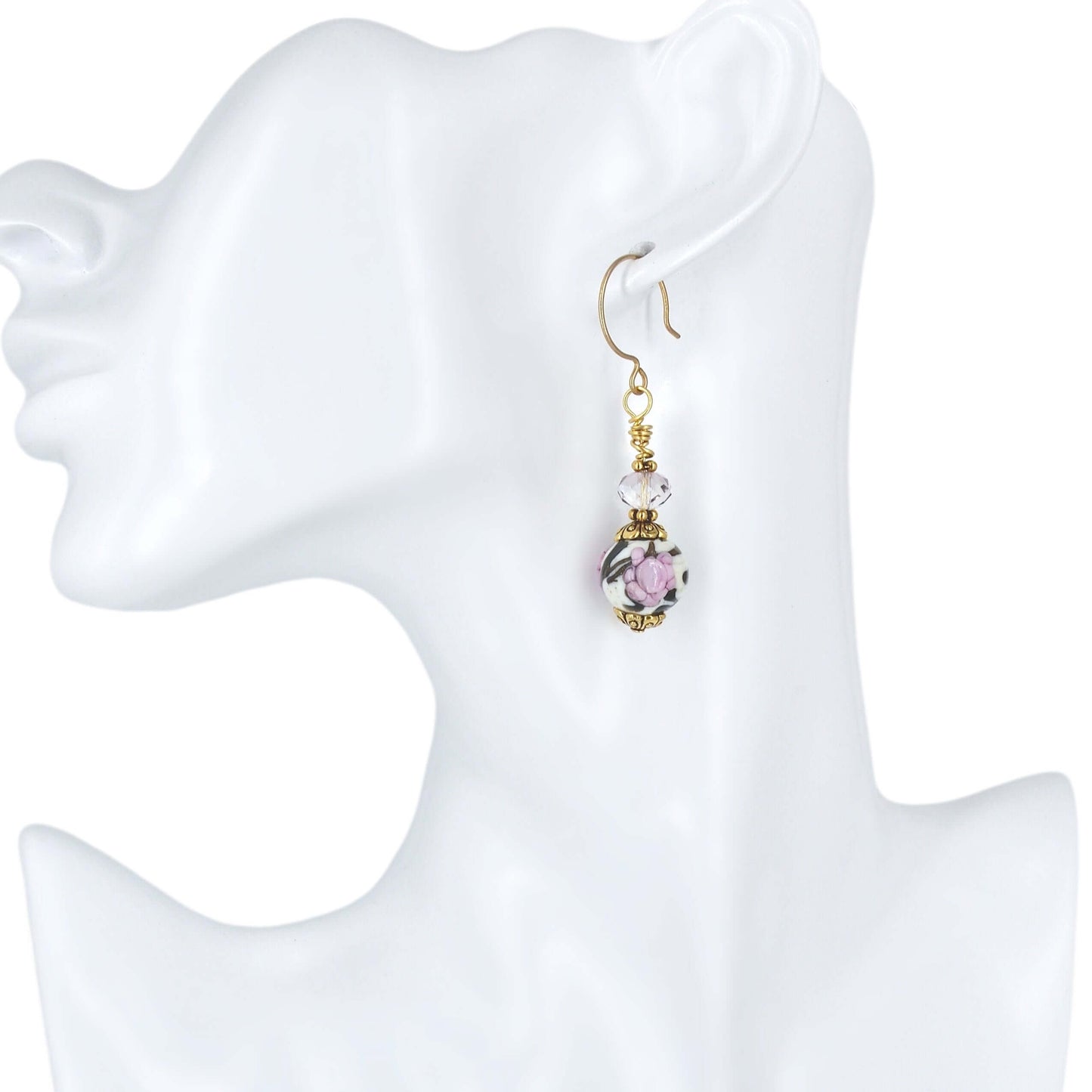 Pink Floral Round Bead Murano Glass Dangle Earrings with Austrian Crystal on Gold-Filled Earring Wires  