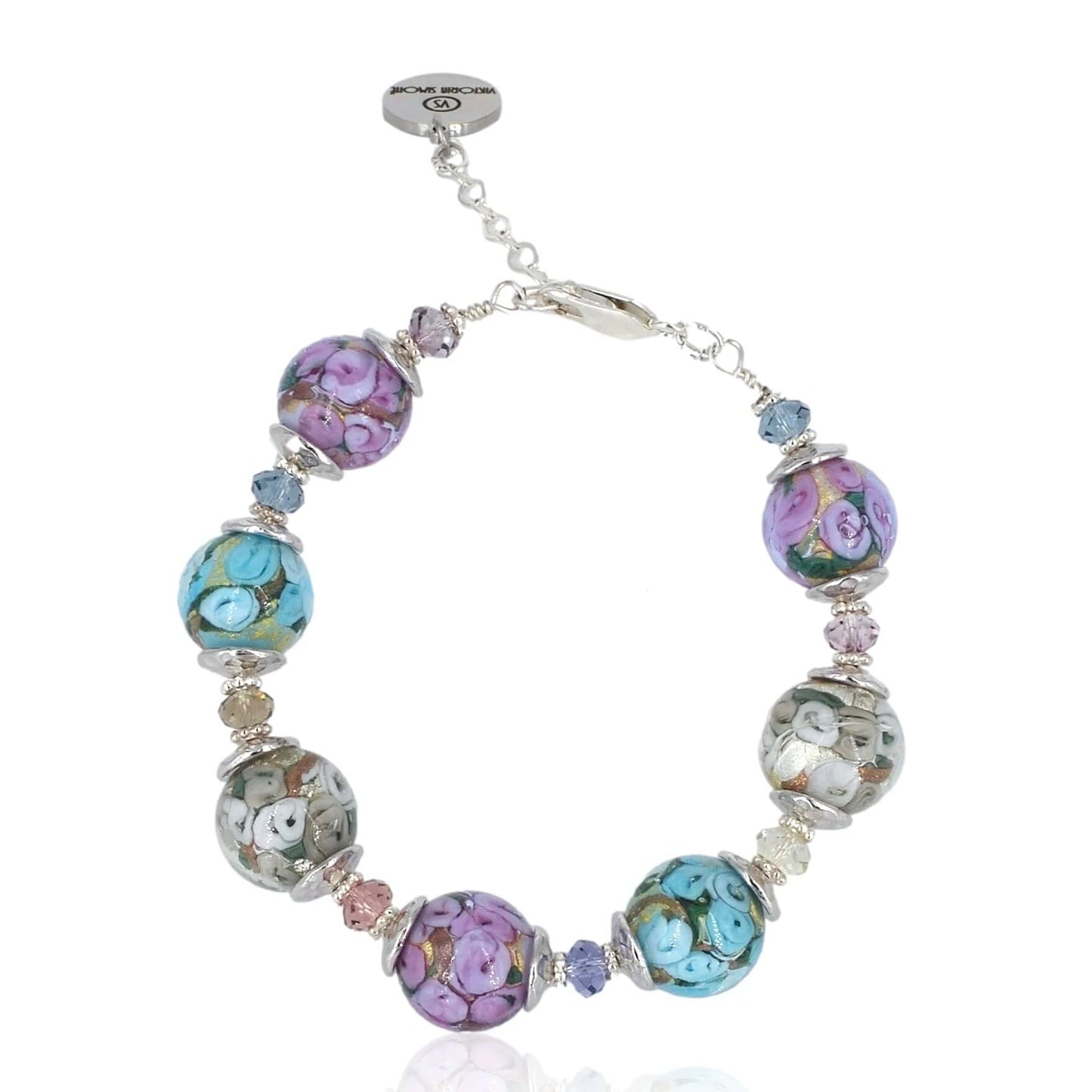 Multi-Color Floral Italian Bead Bracelet with Austrian Crystals and Sterling Silver Clasp  