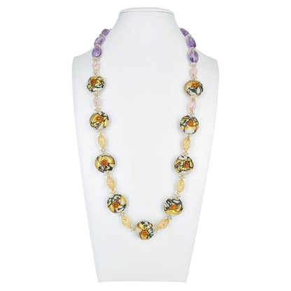 Italian Glass Floral Amethyst Necklace with Amethyst, Citrine and Ruby Gemstones and Sterling Silver Clasp  