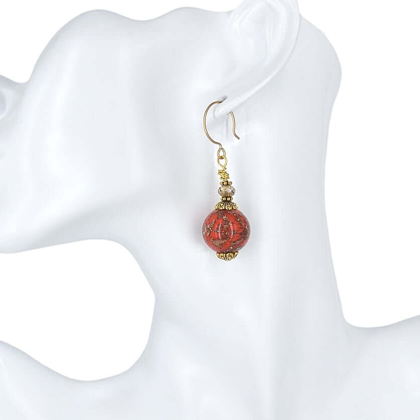 Red and Gold Venetian Bead Earrings with Blue Austrian Crystals on Gold Filled Earring Wires  