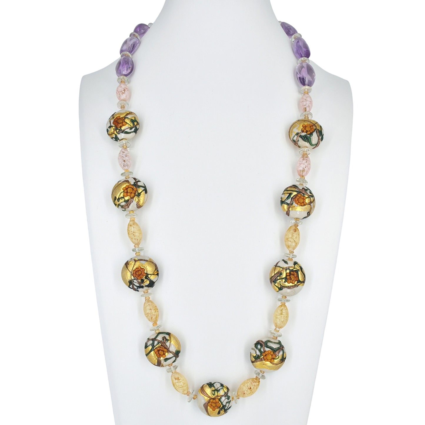 Italian Glass Floral Amethyst Necklace with Amethyst, Citrine and Ruby Gemstones and Sterling Silver Clasp  