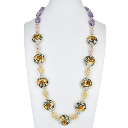 Italian Glass Floral Amethyst Necklace with Amethyst, Citrine and Ruby Gemstones and Sterling Silver Clasp  