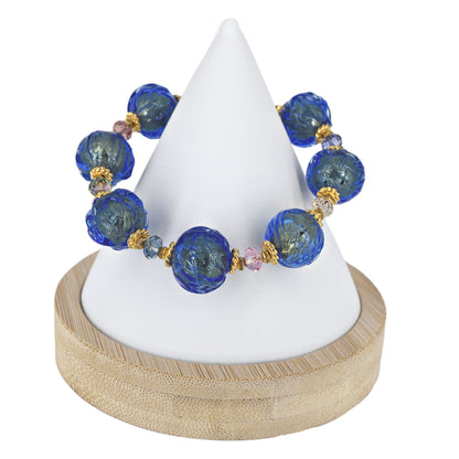 Blue Glacier Venetian Bead Bracelet with Gold Foil, Austrian Crystals and Gold-Filled Clasp  