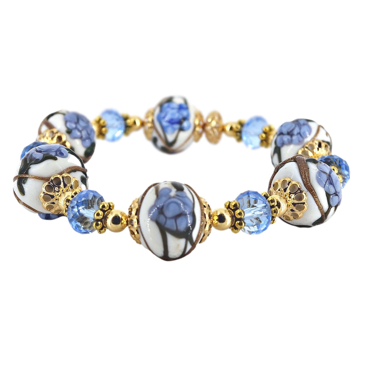 Blue Floral Stretchy Murano Glass Bracelet  