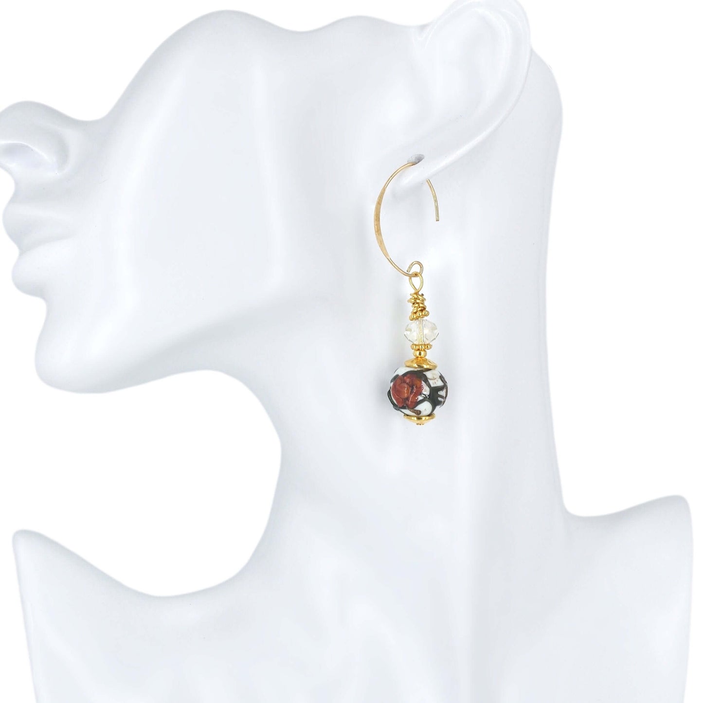 Red Floral Round Bead Murano Glass Dangle Earrings with Austrian Crystal on Gold-Filled Earring Wires  