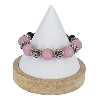 Italian Pink Black Round Murano Glass and Austrian Crystal Cuff Bracelet with Sterling Silver Clasp  