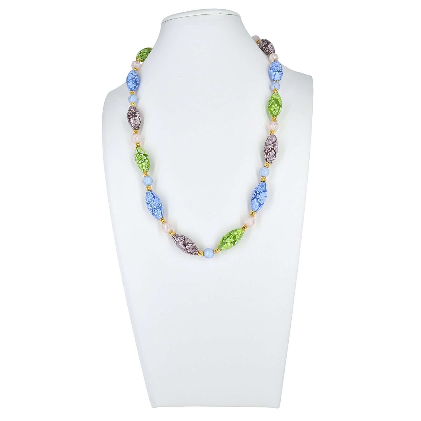 Multi-Color Blue, Green, Amethyst Large Oval Murano Glass Beaded Necklace - Gold Filled Clasp  