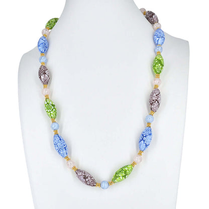 Multi-Color Blue, Green, Amethyst Large Oval Murano Glass Beaded Necklace - Gold Filled Clasp  