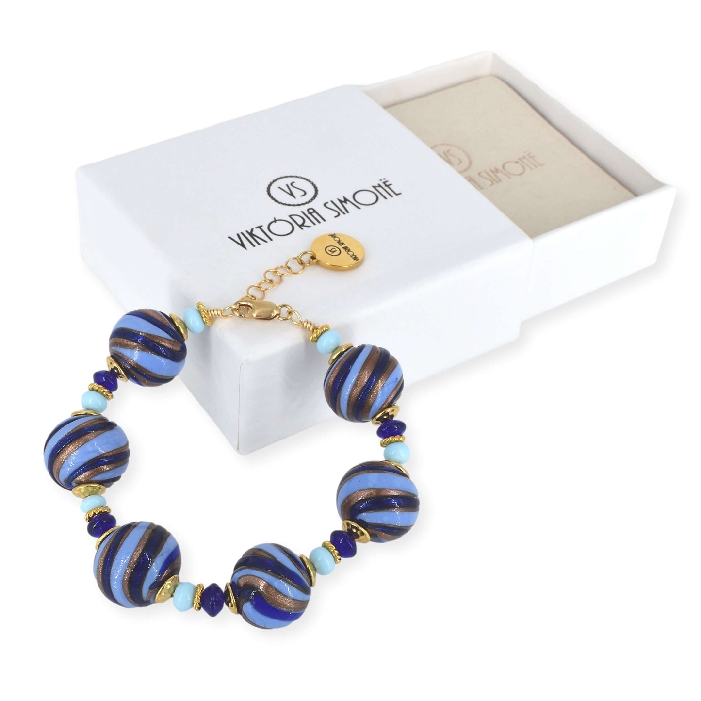 Blue Stripe Murano Glass Bead Bracelet with Gold Filled Clasp  