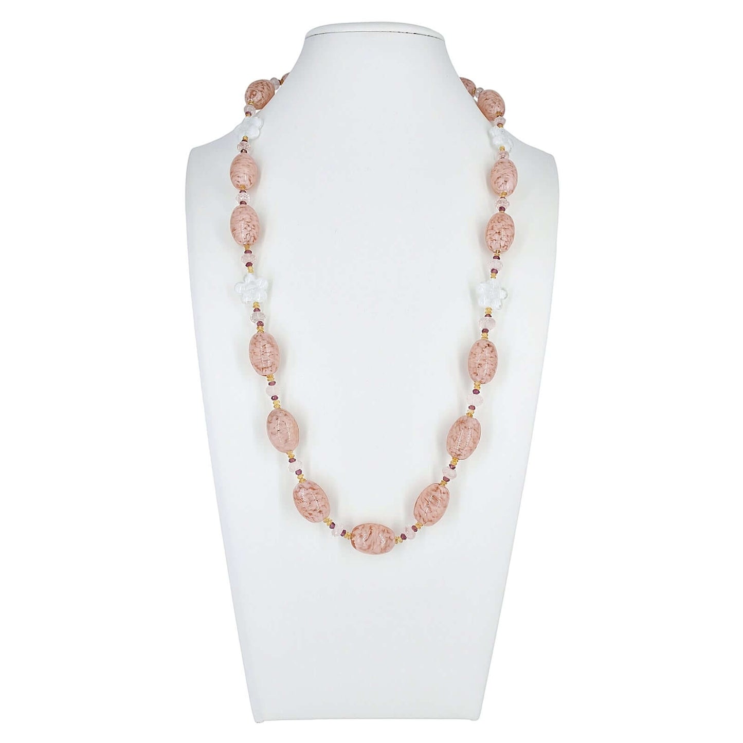 Pink Oval Italian Beaded Murano Necklace with Citrine, Rose Quartz and Garnet Gemstone Beads  