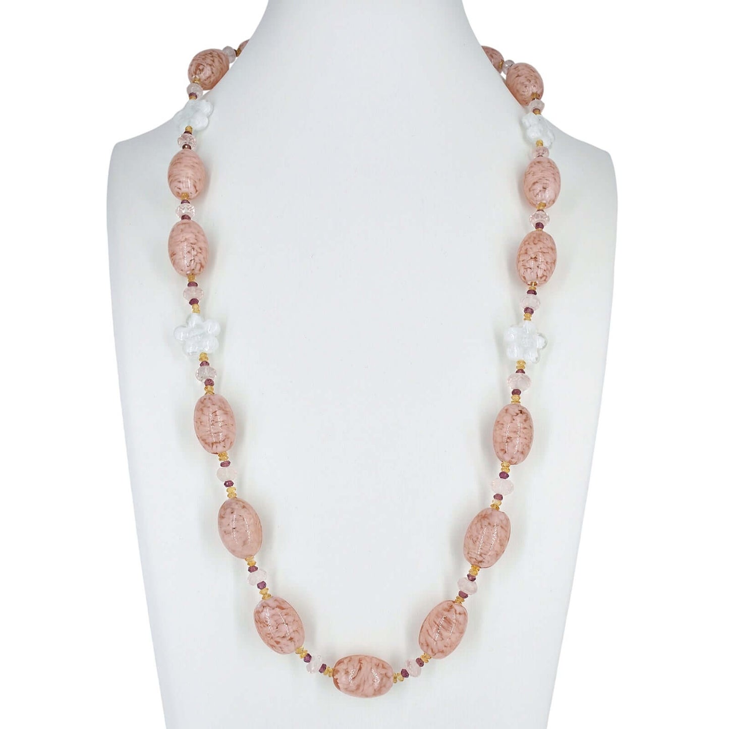 Pink Oval Italian Beaded Murano Necklace with Citrine, Rose Quartz and Garnet Gemstone Beads  