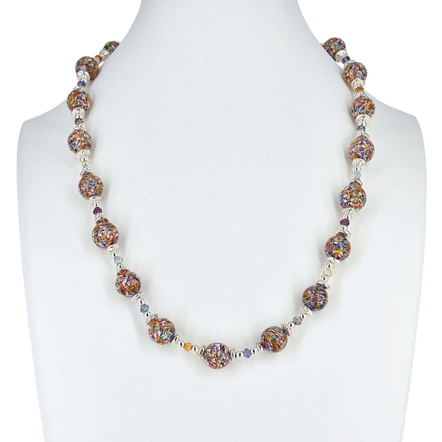 Contemporary Multi-Color Contemporary Round Italian Murano Glass Ball Bead Necklace with Sterling Silver Clasp  