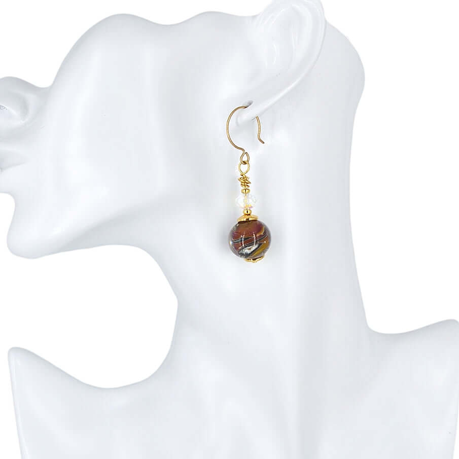 Multicolor Earthen Swirl Moretti Glass Bead Earrings with Austrian Crystals on Gold Filled Earring Wires  