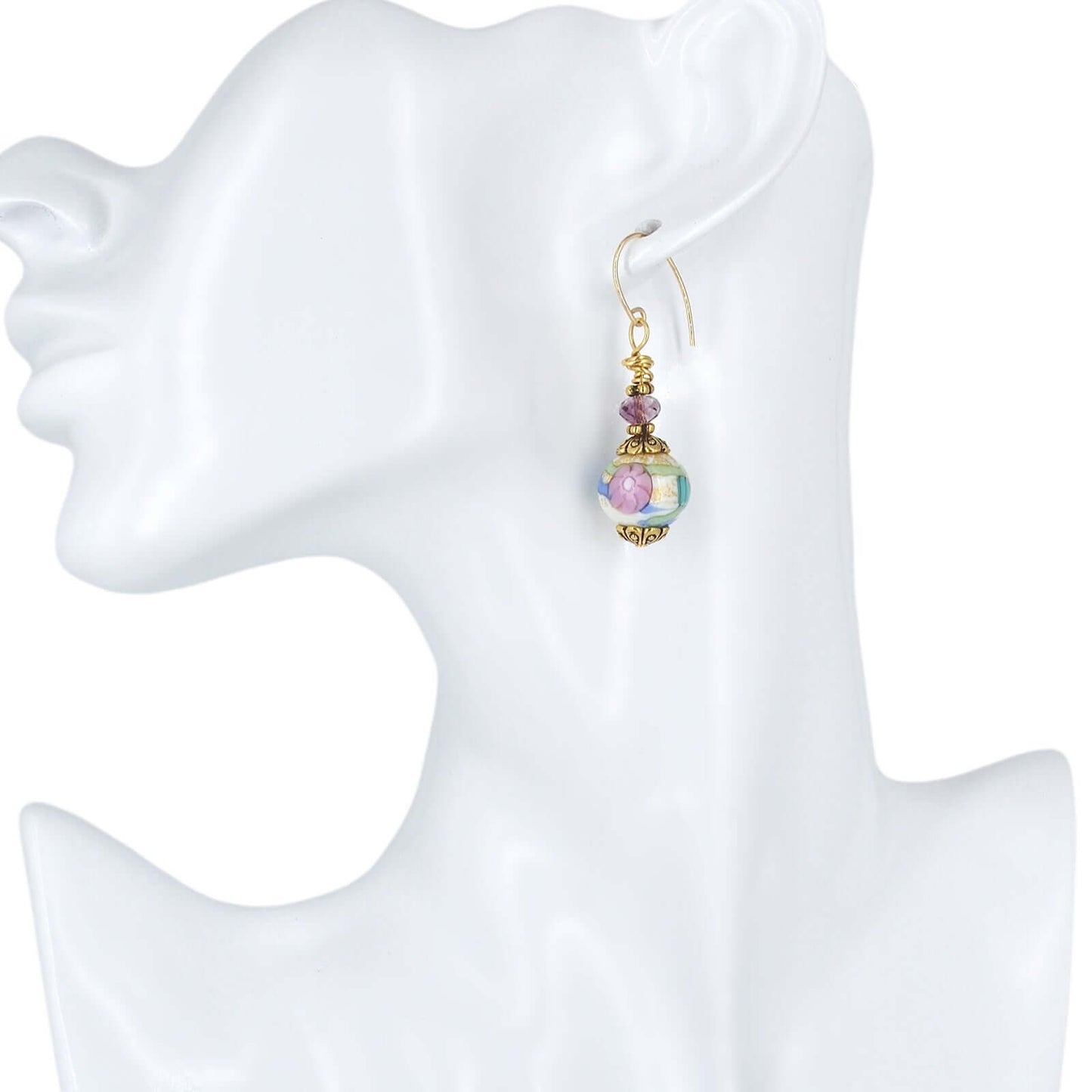 Stunning Millefiori Floral Earrings with Austrian Crystal and Gold Filled Ear Wires  