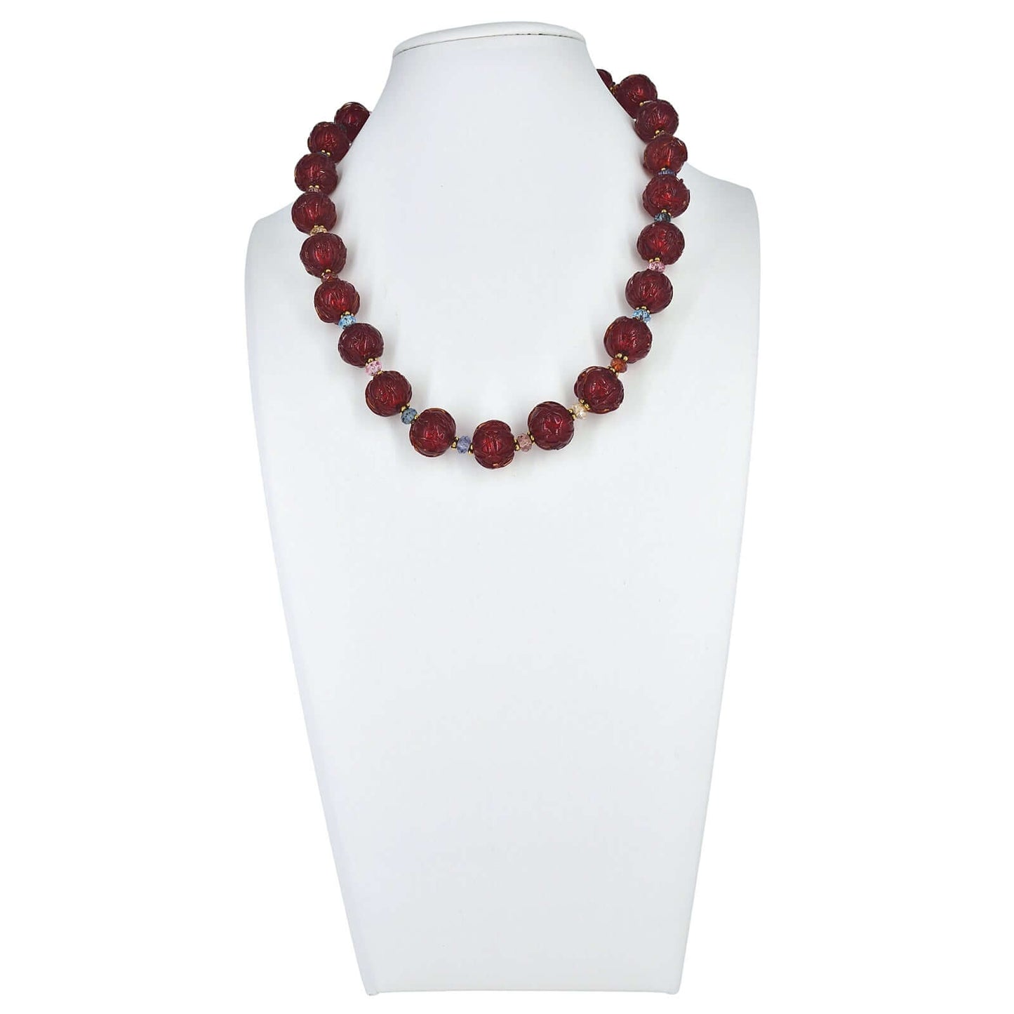 Garnet Red Glacier Italian Venetian Bead Necklace with Citrine and Austrian Crystals - Sterling Silver Clasp  