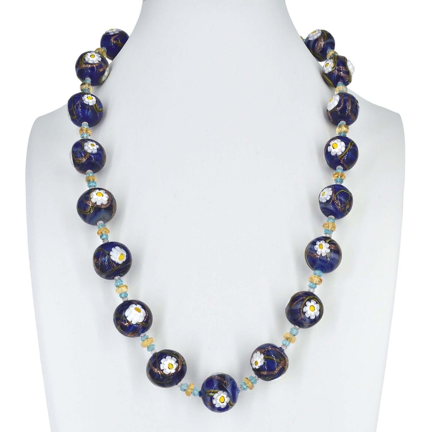 Blue Floral Round Murano Glass Ball Bead Necklace with Citrine and Apatite Gemstones  