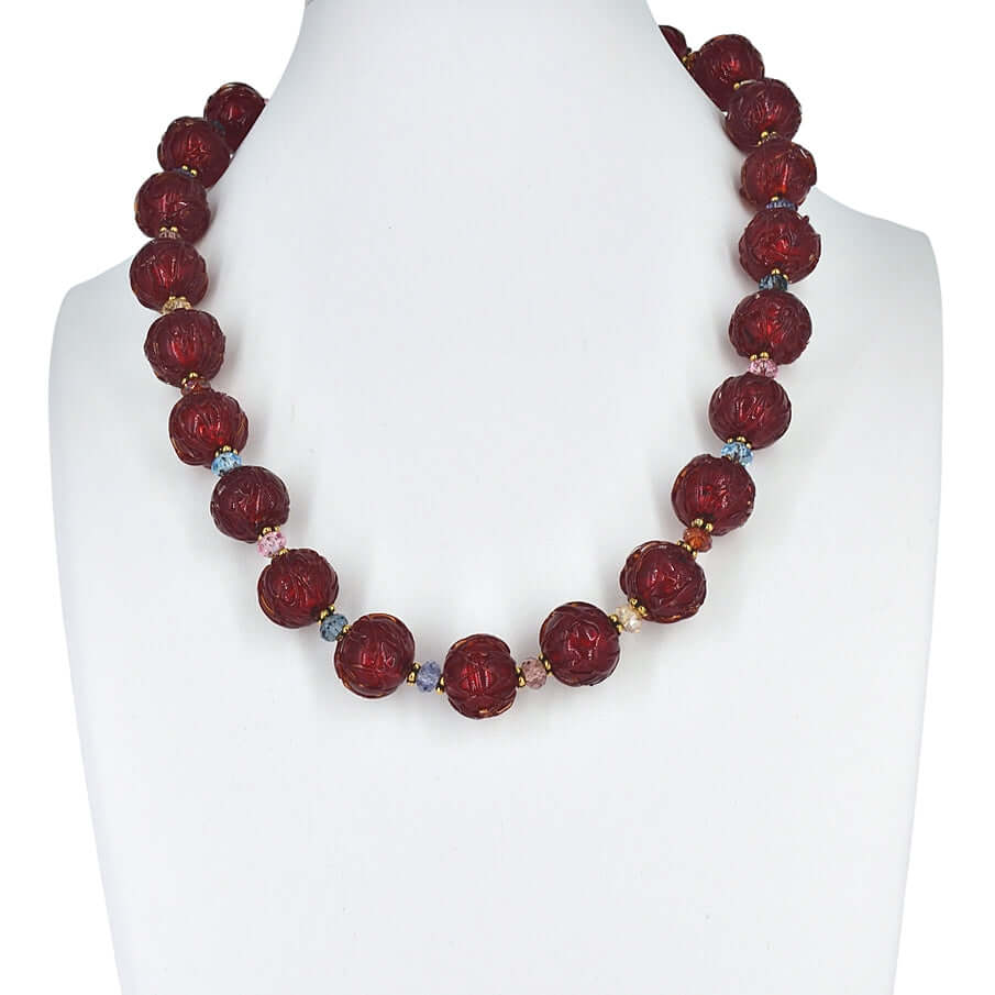 Garnet Red Glacier Italian Venetian Bead Necklace with Citrine and Austrian Crystals - Sterling Silver Clasp  