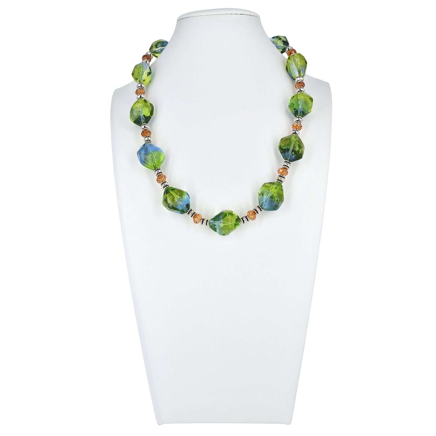 Bi-color Large Italian Blue and Green Bead Statement Necklace with Austrian Crystals and Sterling Silver Clasp  