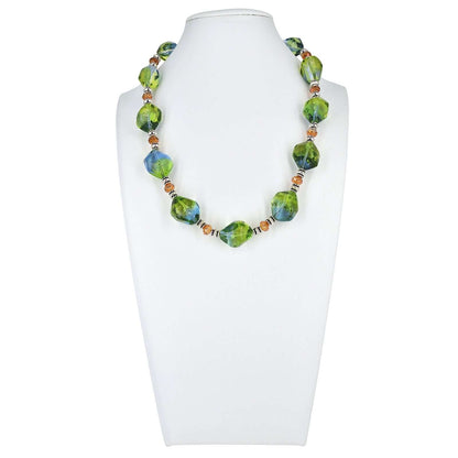 Bi-color Large Italian Blue and Green Bead Statement Necklace with Austrian Crystals and Sterling Silver Clasp  