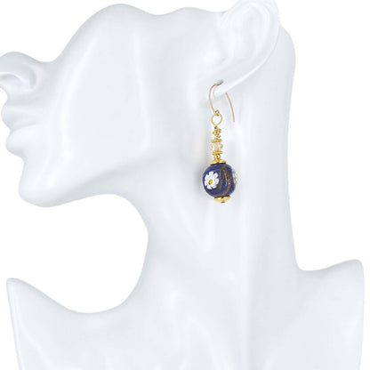 Blue Round Millefiori Italian Bead Earrings with White Floral on Gold-Filled Earring Wires  