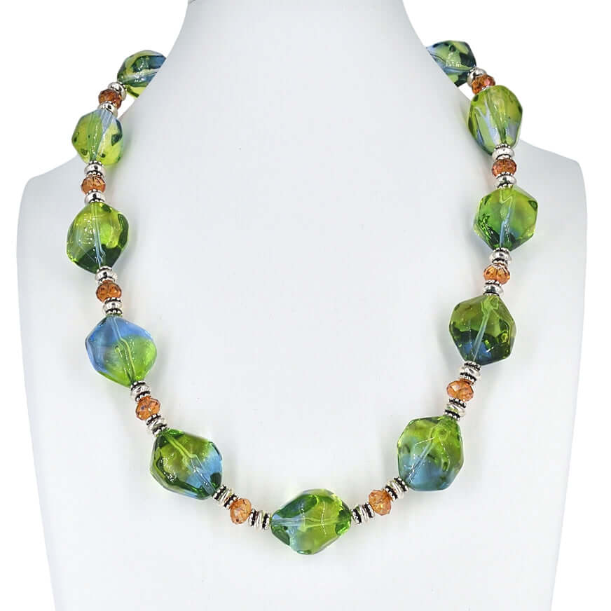 Bi-color Large Italian Blue and Green Bead Statement Necklace with Austrian Crystals and Sterling Silver Clasp  