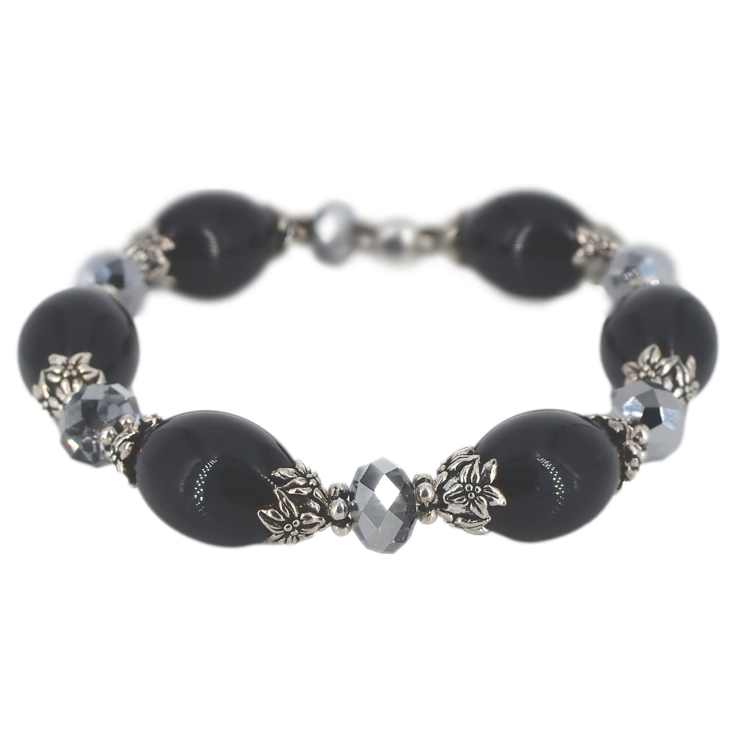 Italian Black & Chrome Murano Glass & Crystal Bead Stretchy Bracelet  