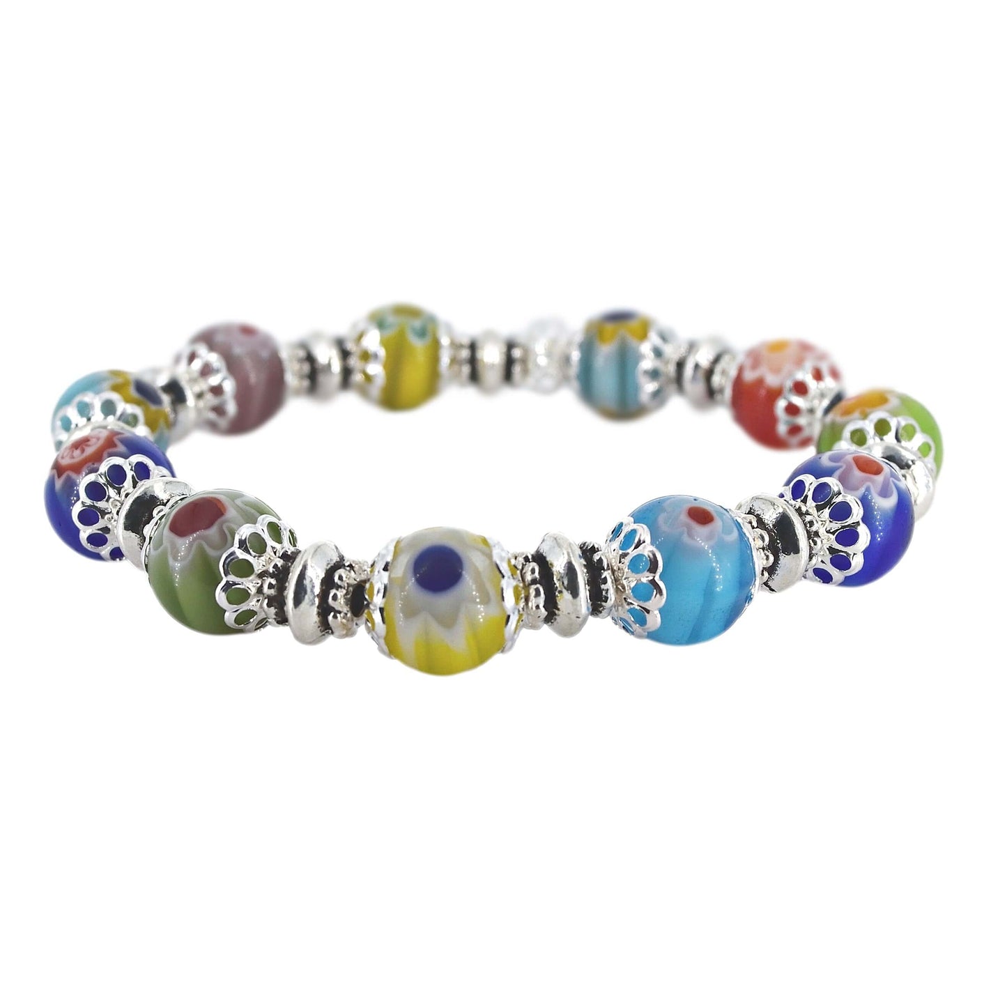 Multi-Color Millefiori Silver Glass Stretch Bracelet  