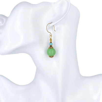 Ocean Green Italian Murano Glass Bead Earrings with Austrian Crystals on Gold Filled Earring Wires  