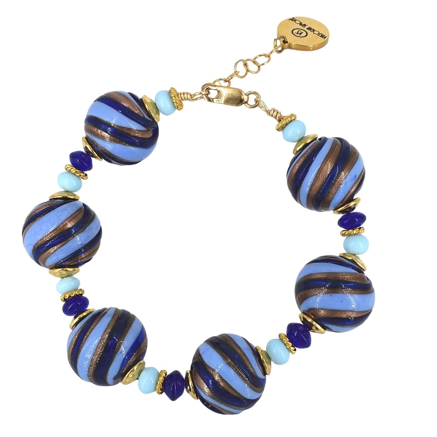 Blue Stripe Murano Glass Bead Bracelet with Gold Filled Clasp  