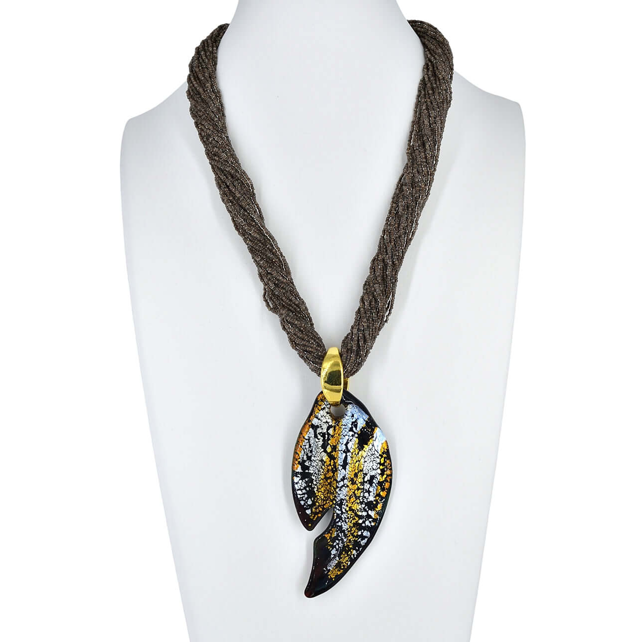 Brown Seed Bead Necklace with Large Gold and Black Murano Glass Pendant  