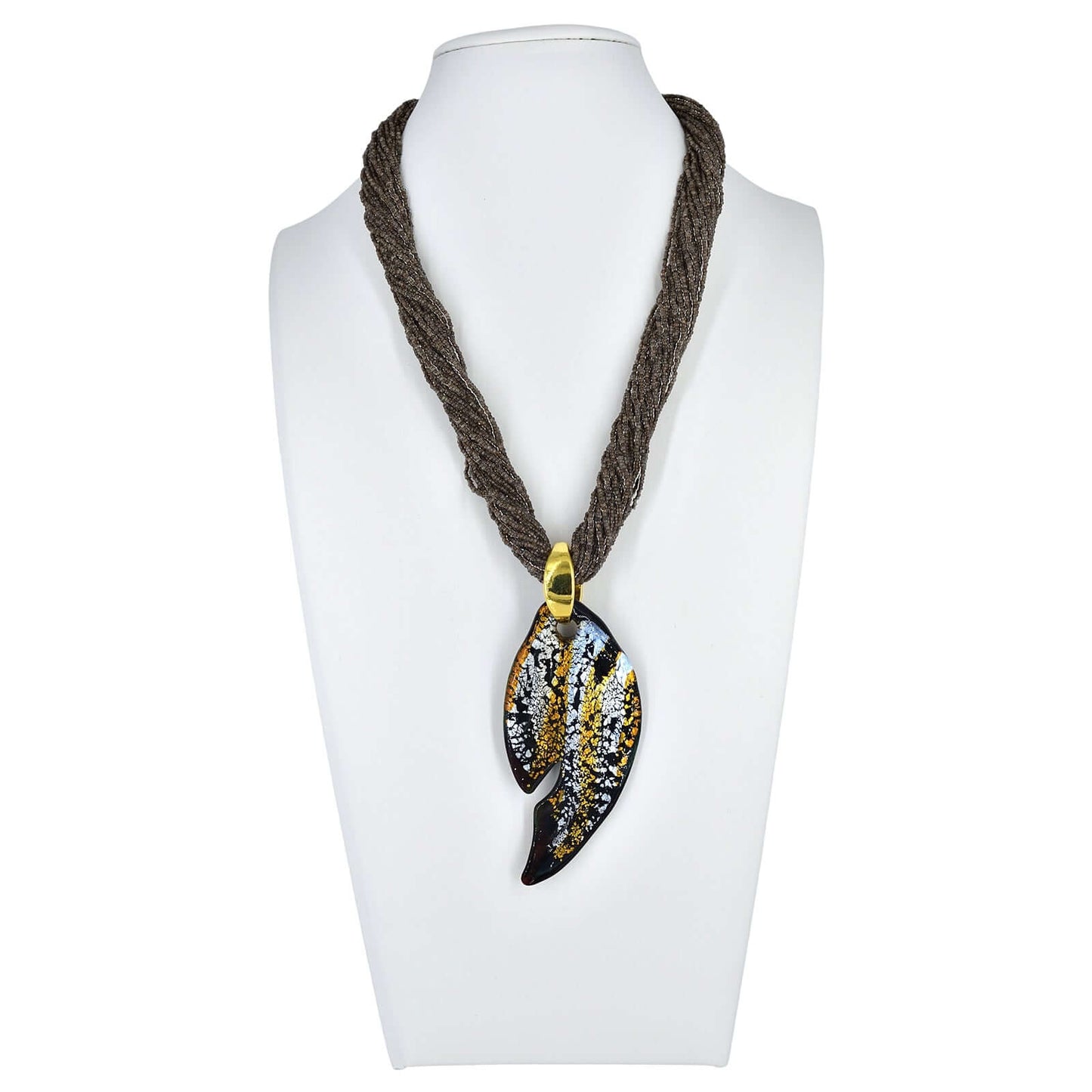 Brown Seed Bead Necklace with Large Gold and Black Murano Glass Pendant  