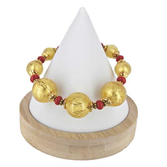 Gold and Red Venetian Bead Wire Bracelet with Gold-Filled Clasp  