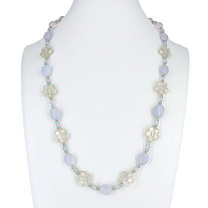 Floral Aqua Calcedony Murano Glass Necklace with Rose Quartz, Citrine & Apatite Gemstone Beads  