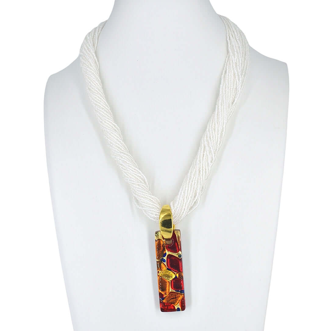 White Contemporary Italian Seed Bead Multi-Strand Necklace with Large Red Murano Glass Pendant  