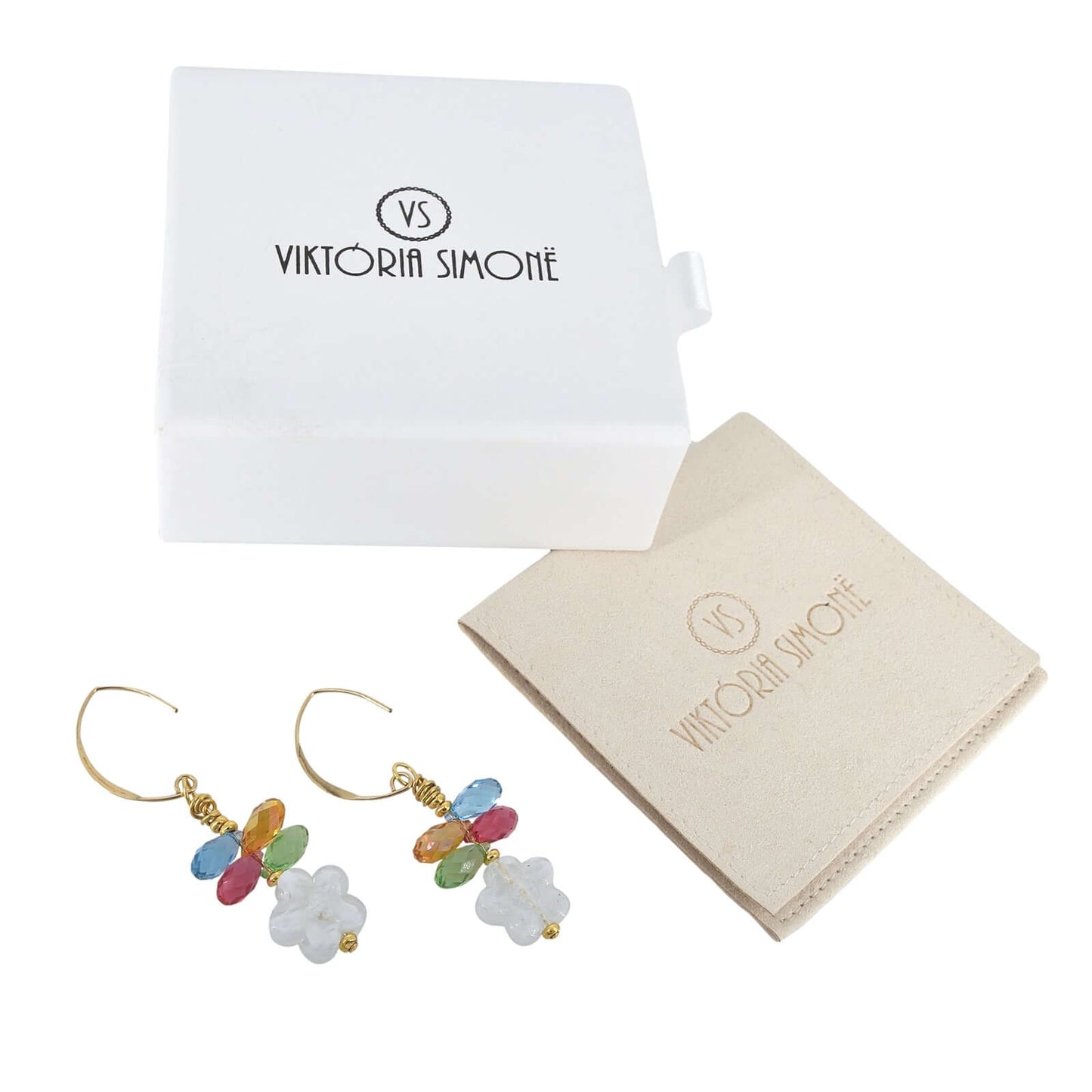 Austrian Crytal Dangle Earrings with White Floral Murano Glass on Gold Filled Earring Wires  