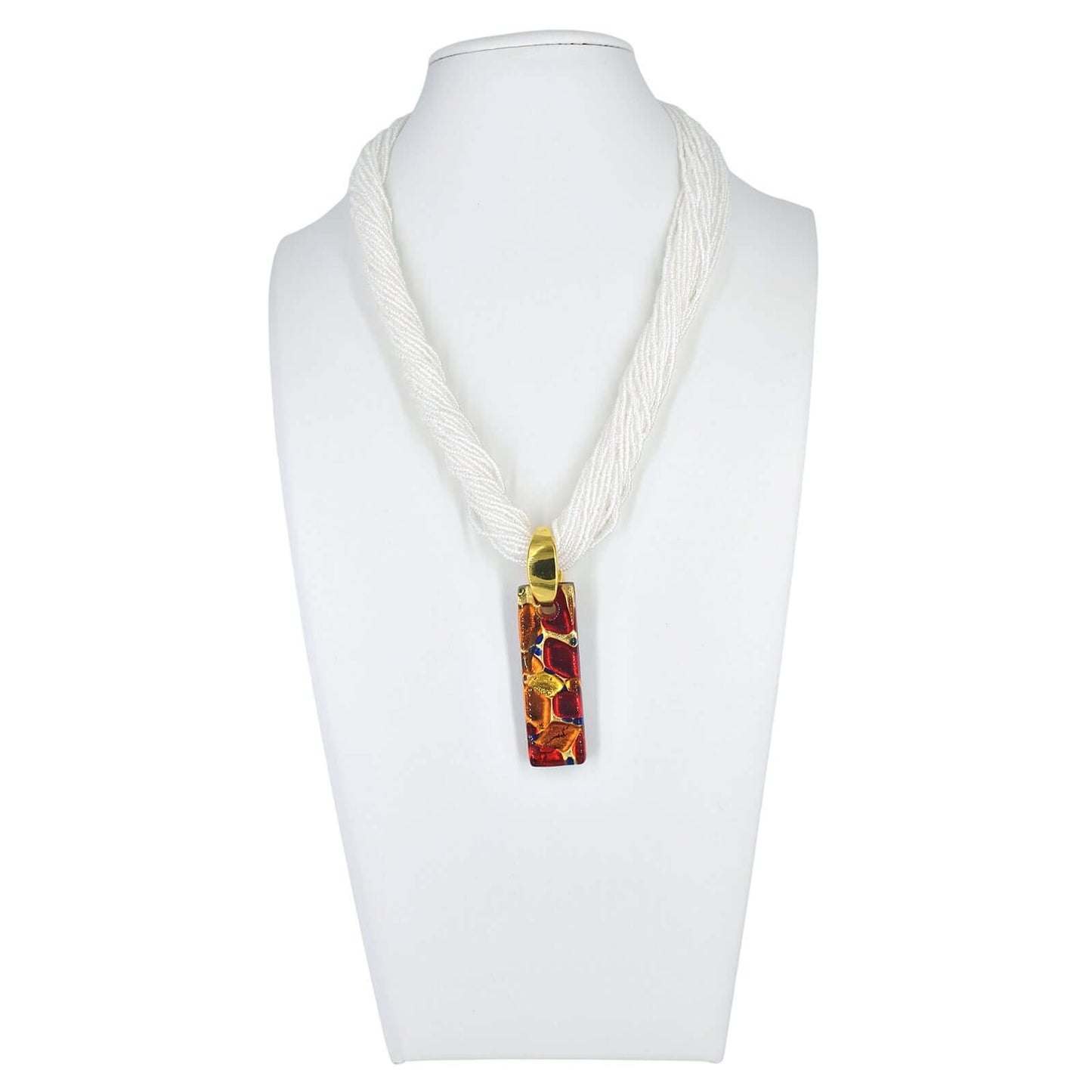 White Contemporary Italian Seed Bead Multi-Strand Necklace with Large Red Murano Glass Pendant  