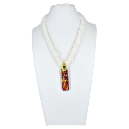 White Contemporary Italian Seed Bead Multi-Strand Necklace with Large Red Murano Glass Pendant  