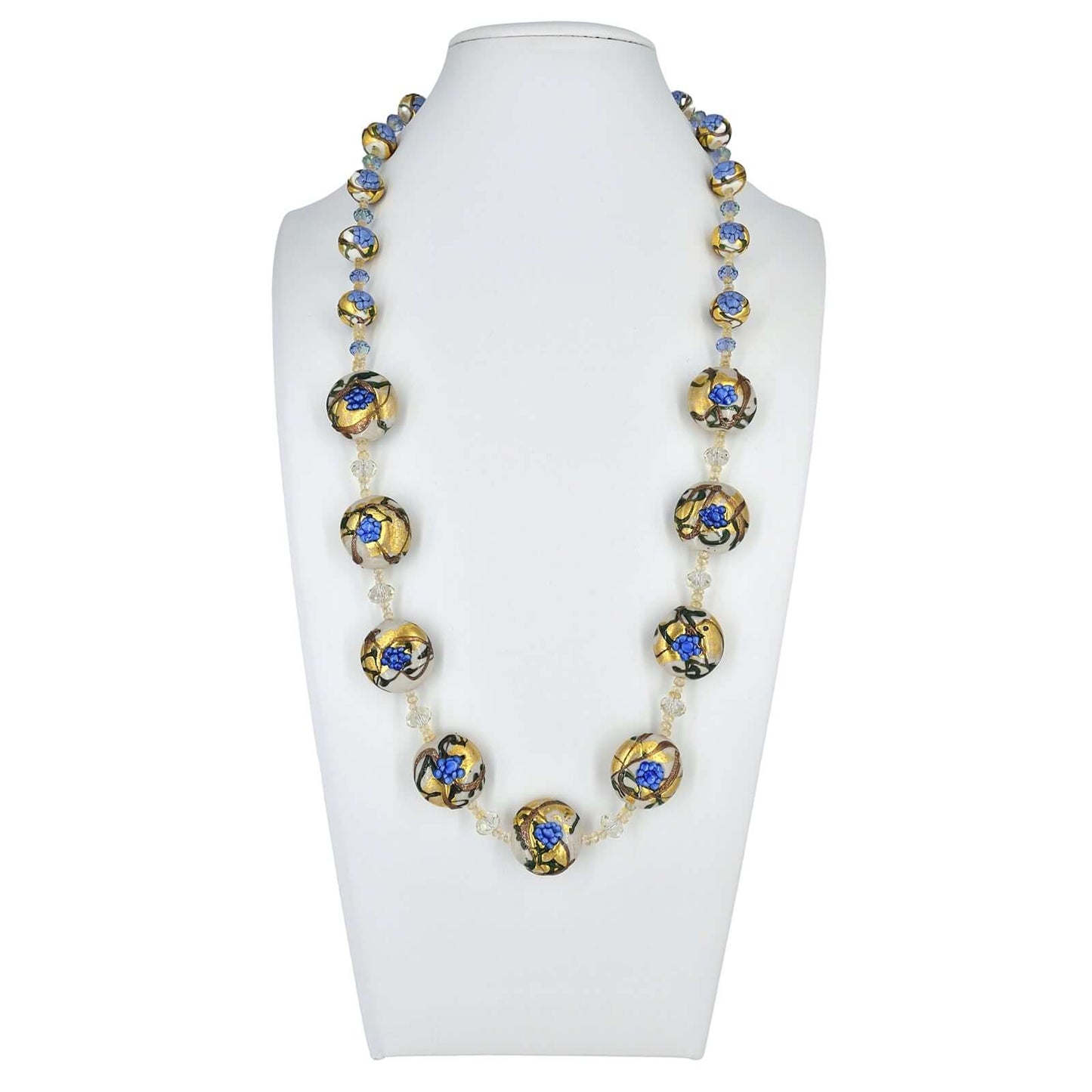 Blue Floral Gold Foil Italian Bead Necklace with Citrine and Austrian Crystals  