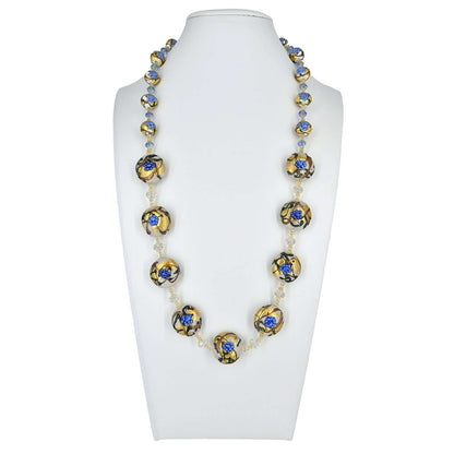 Blue Floral Gold Foil Italian Bead Necklace with Citrine and Austrian Crystals  