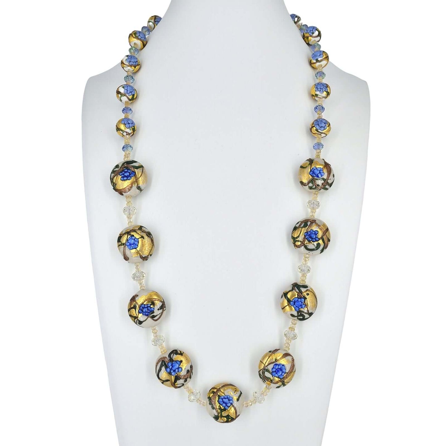 Blue Floral Gold Foil Italian Bead Necklace with Citrine and Austrian Crystals  