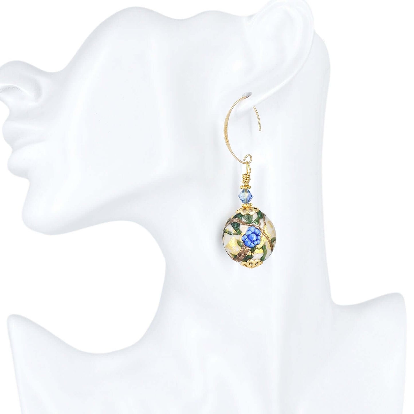 Blue Floral Large Lentil Venetian Bead Earrings with Gold-Filled Earring Wires  