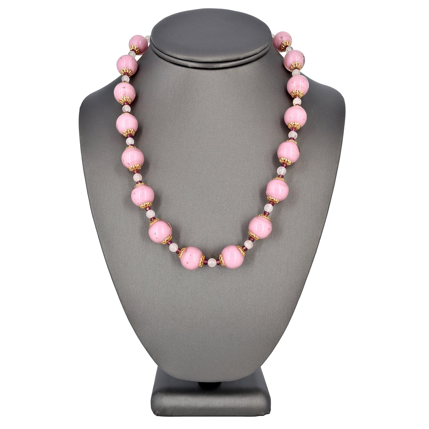 Round Pink Murano Glass Bead Statement Necklace with Garnet and Rose Quartz Gemstones.  