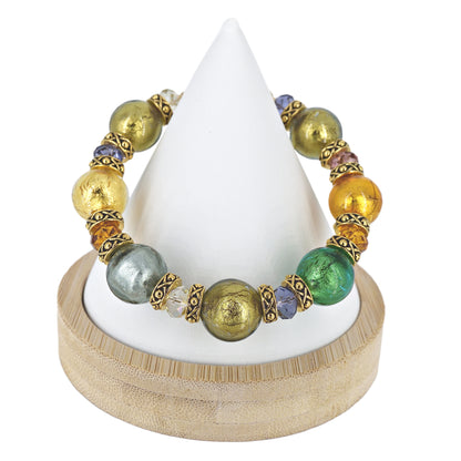 Italian Gold Multicolor Murano Glass & Crystal Bead Bracelet with Gold Filled Clasp  