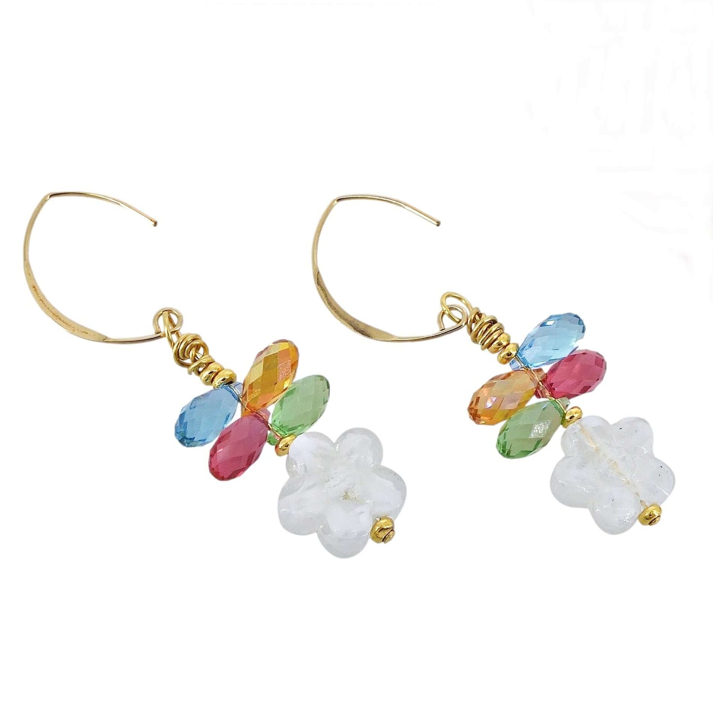 Austrian Crytal Dangle Earrings with White Floral Murano Glass on Gold Filled Earring Wires  