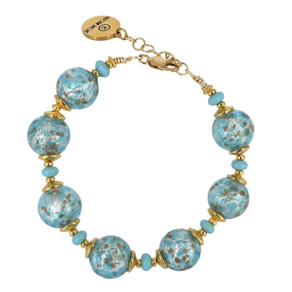 Turqouise Blue Spotty Murano Glass Bead Bracelet with Gold Filled Clasp  